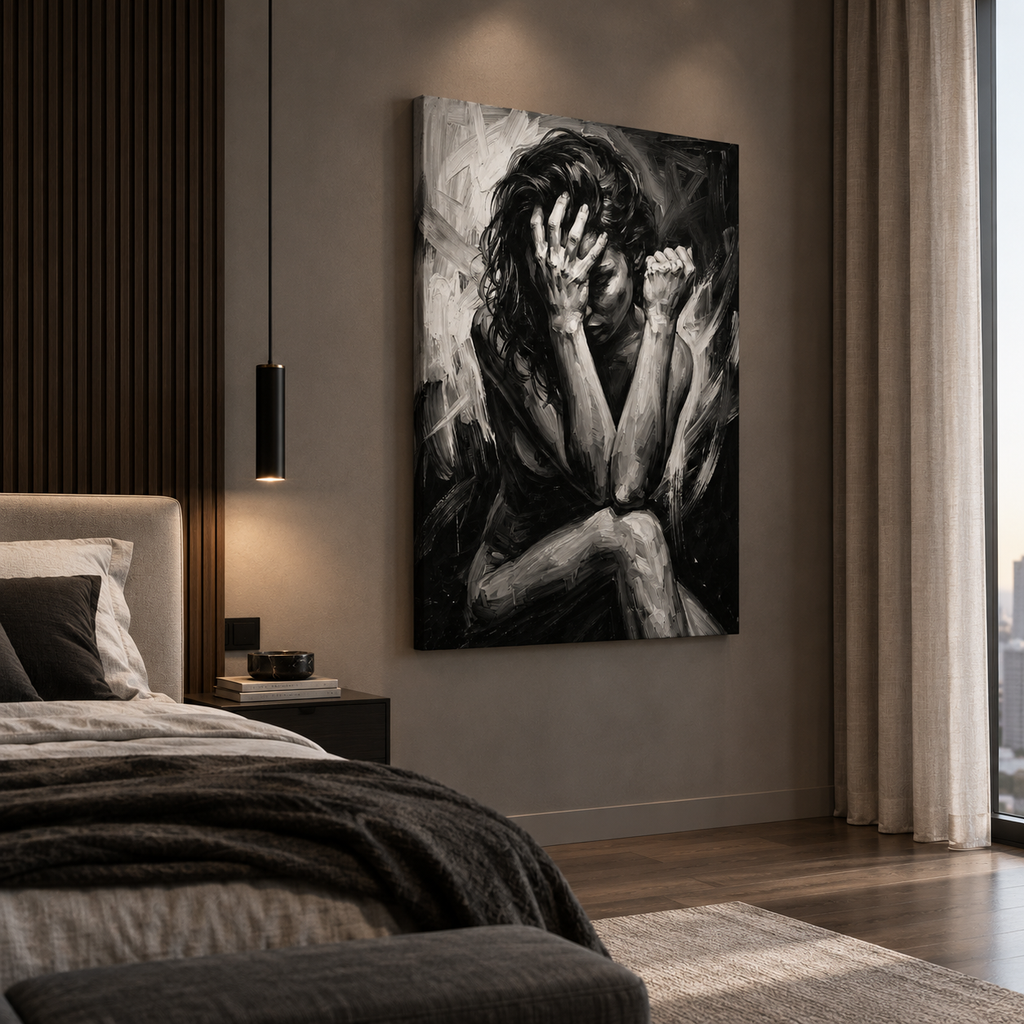 Black white figurative wall art canvas in a modern bedroom
