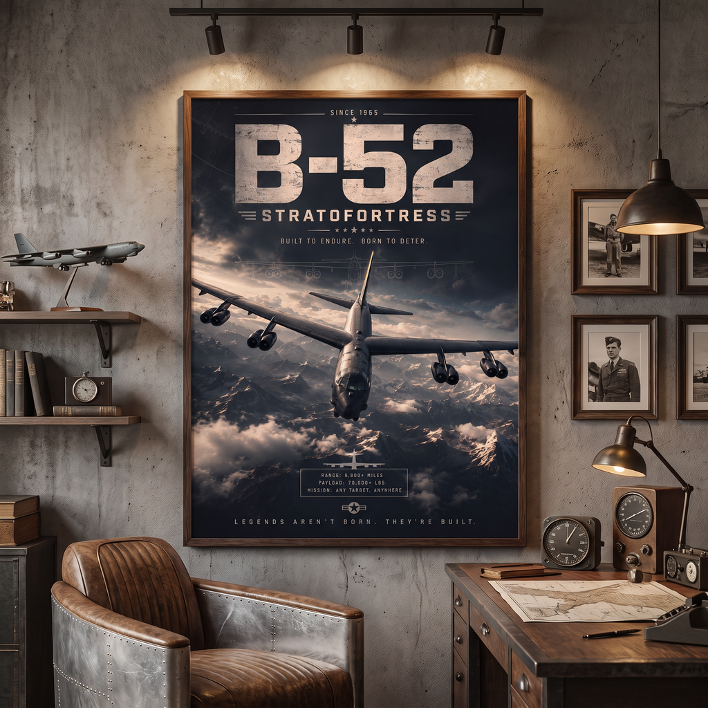 B 52 wall art — bomber cutting through storm clouds over snow-capped mountains, bold and commanding