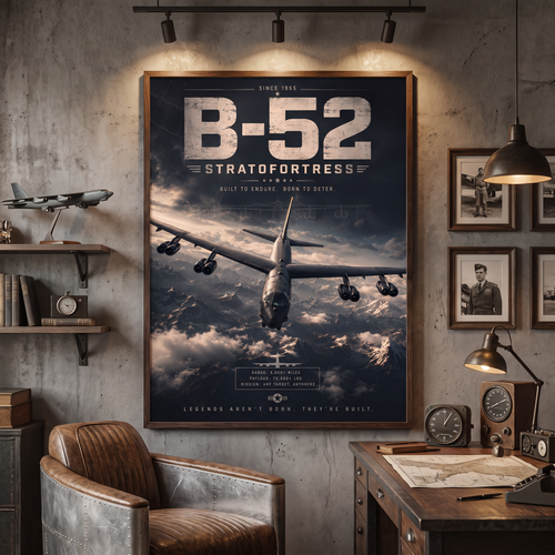 B 52 wall art — bomber cutting through storm clouds over snow-capped mountains, bold and commanding