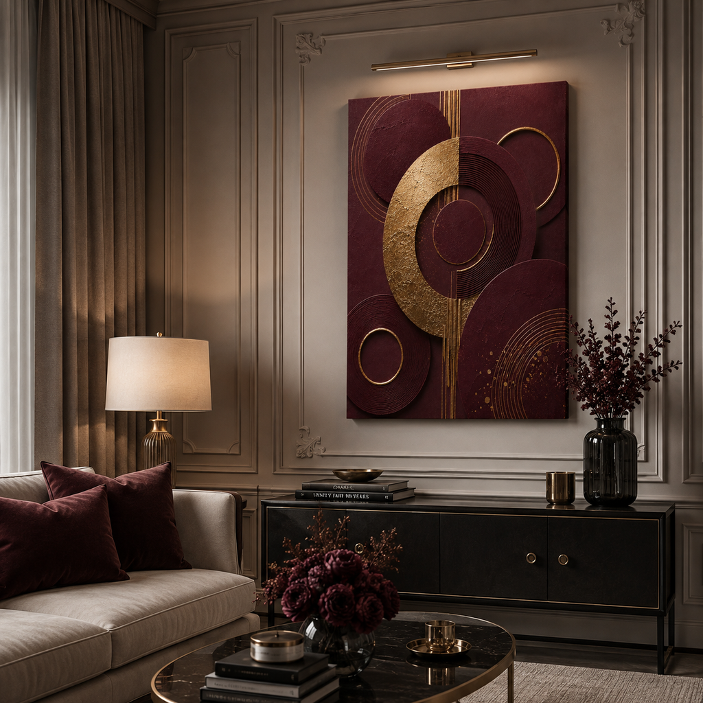 Burgundy canvas print faux gold texture wall art gallery wrap, jewel-tone ring design for rich statement décor.