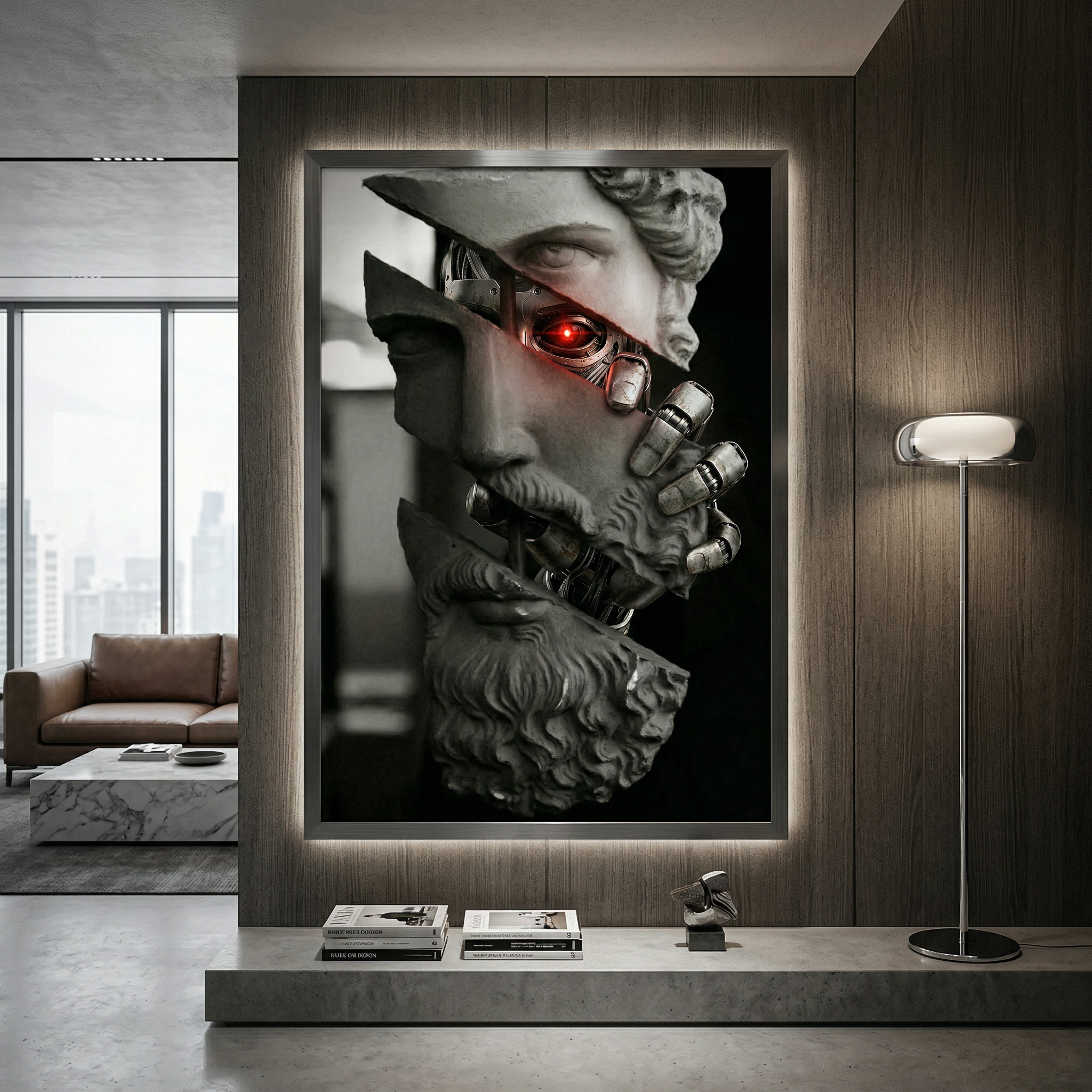 One red mechanical eye in a field of cold marble — the detail that stops the scroll and holds the gaze