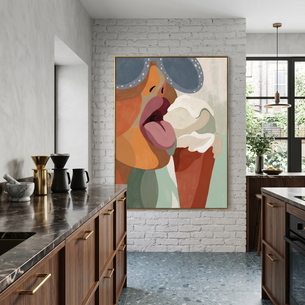 Retro sunglasses, open mouth, one cone — the kind of colorful print that makes a wall feel chosen, not filled