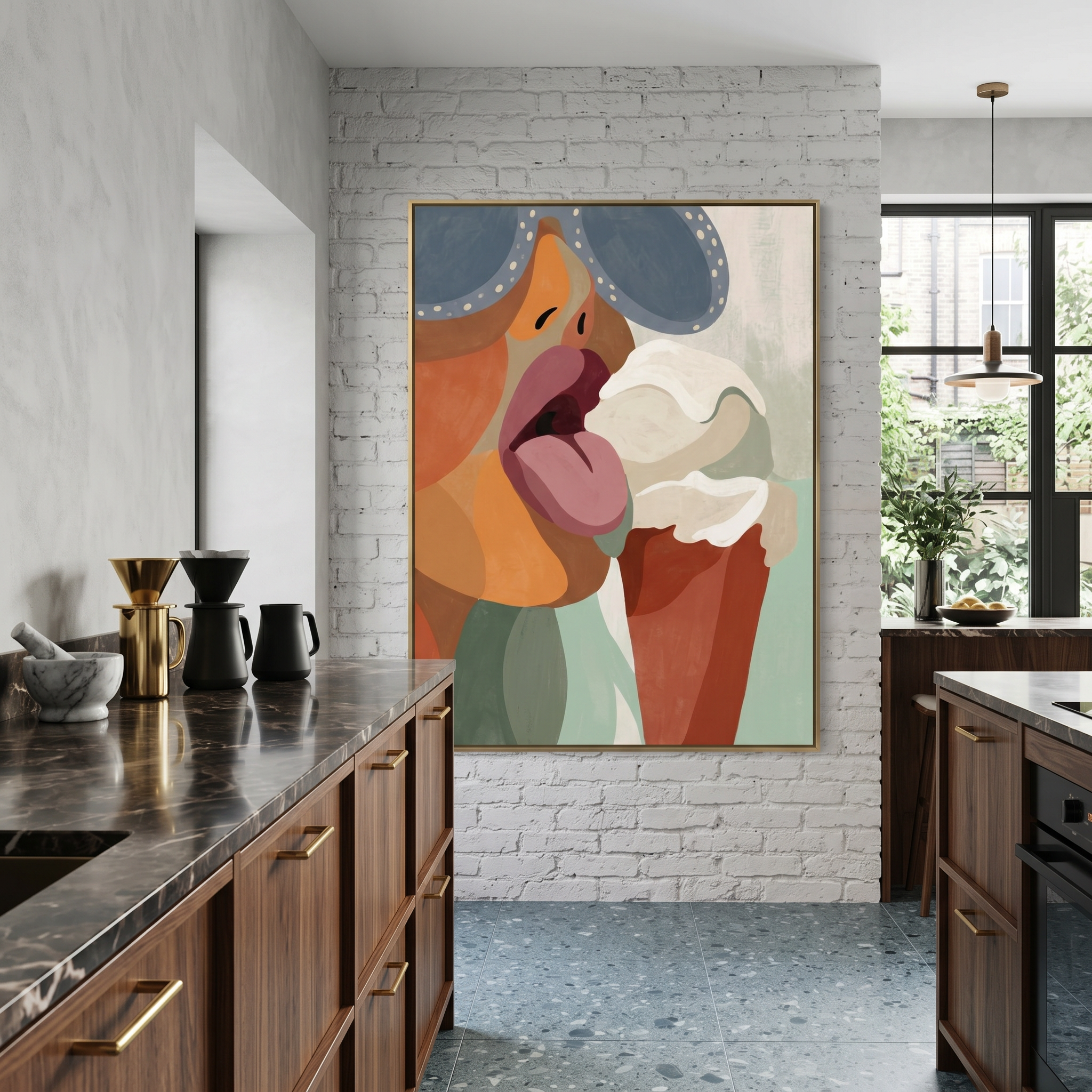 Retro sunglasses, open mouth, one cone — the kind of colorful print that makes a wall feel chosen, not filled