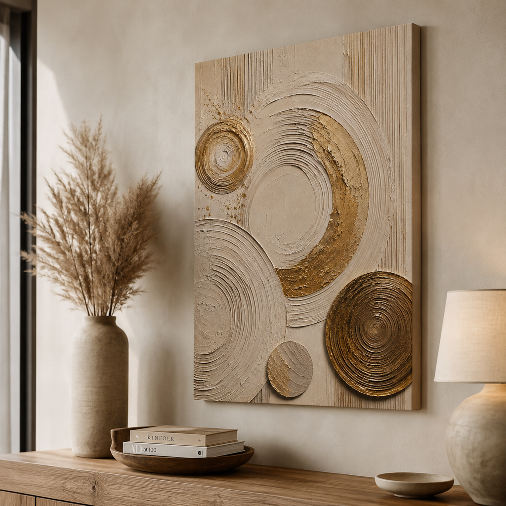 Cream canvas print faux texture wall art gallery wrap, soft gold splatter abstract circles for neutral home décor.
