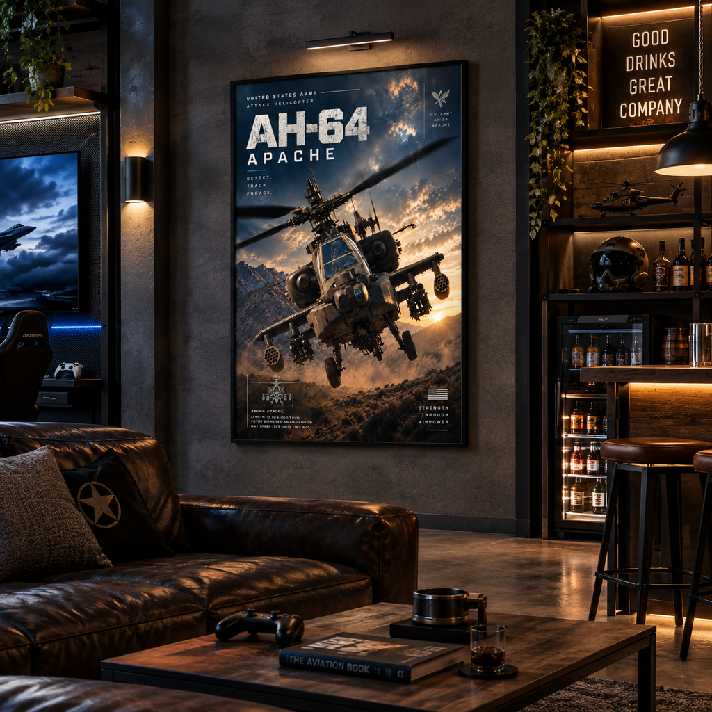 Military poster of Apache helicopter at sunset with dust and rotors