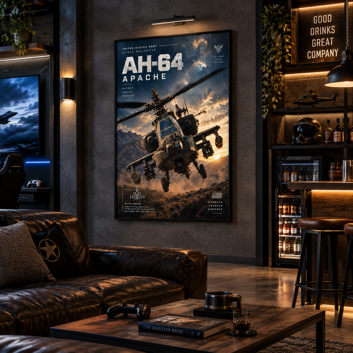 Military poster of Apache helicopter at sunset with dust and rotors