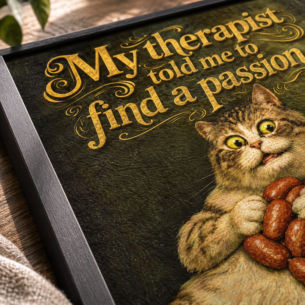 Funny fat cat clutching sausages under gold vintage text, kitchen wall art print