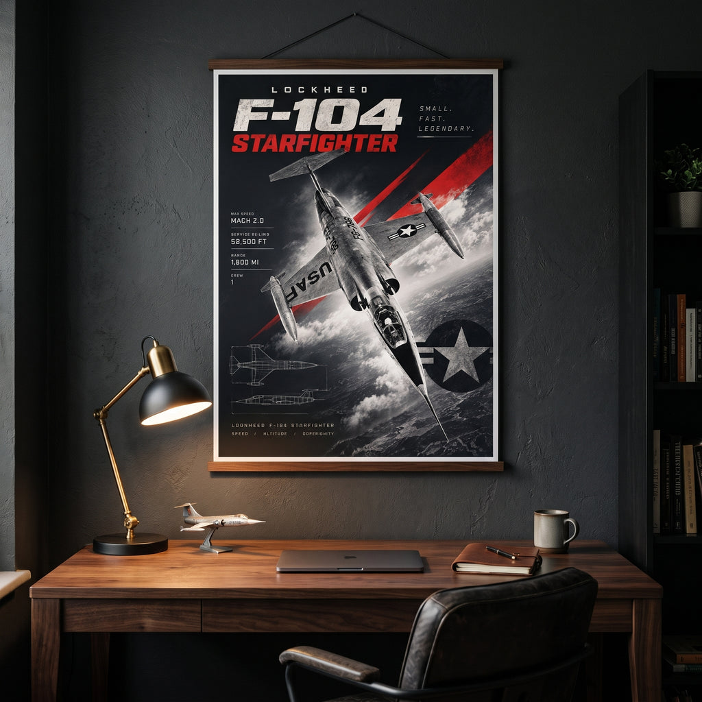 Blueprint line drawing of the F-104 in plan and side view, technical detail from the poster