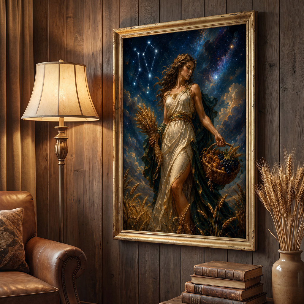 Virgo goddess beneath a starlit sky, wheat and fruit in hand — quiet, golden, unhurried