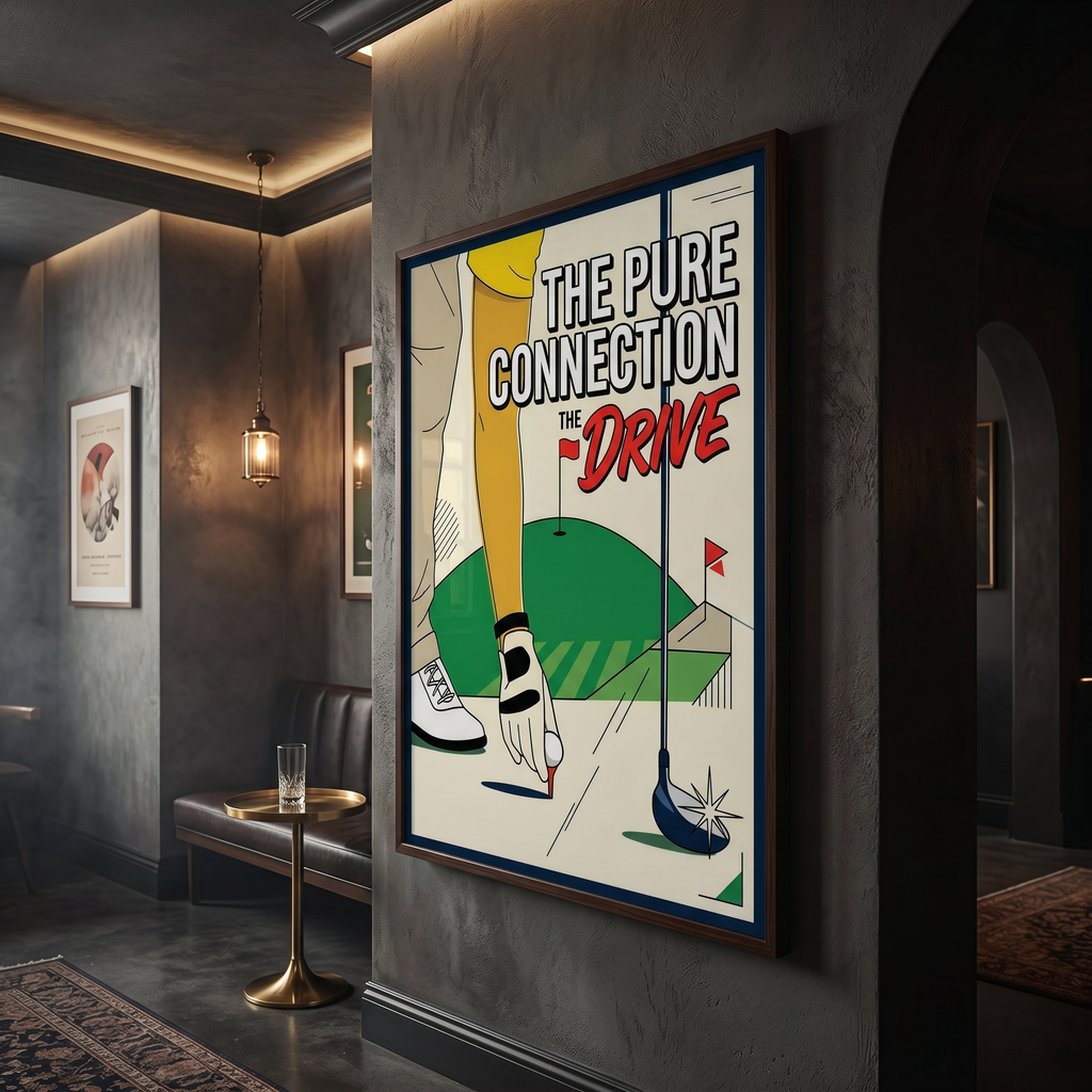 Golf print on charcoal wall — vintage energy, red and cream accents, man cave or home office decor