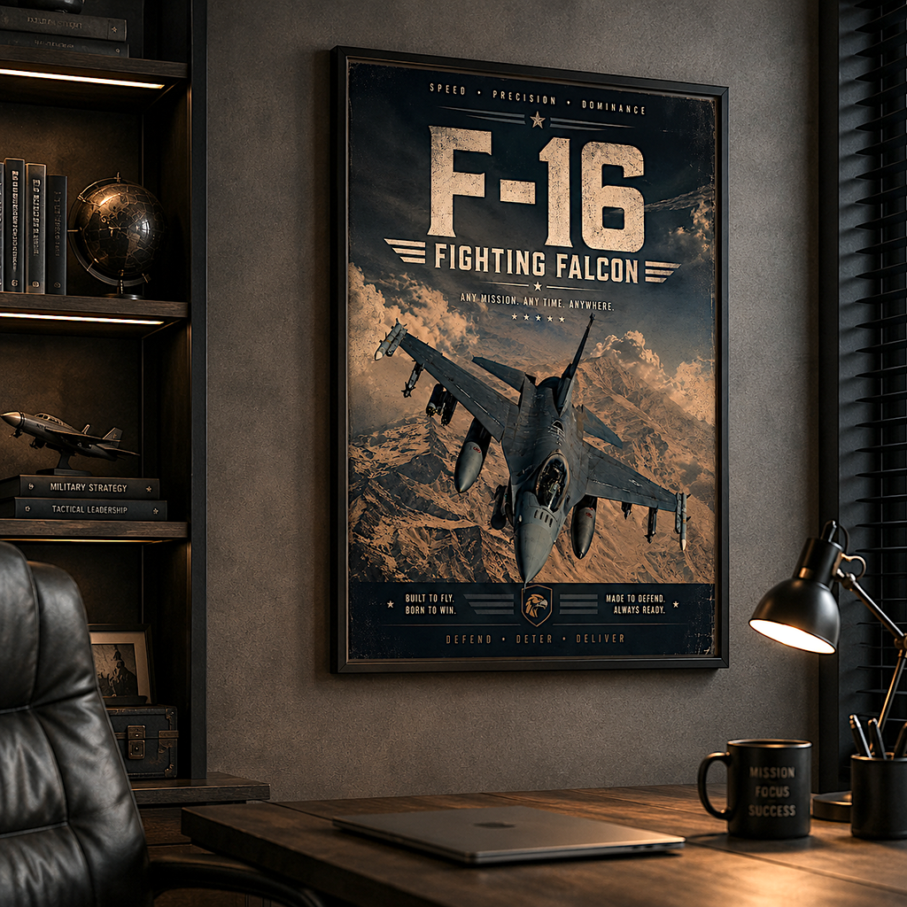 F-16 Fighting Falcon fighter jet poster - vintage military aviation wall art print for office or veteran gift