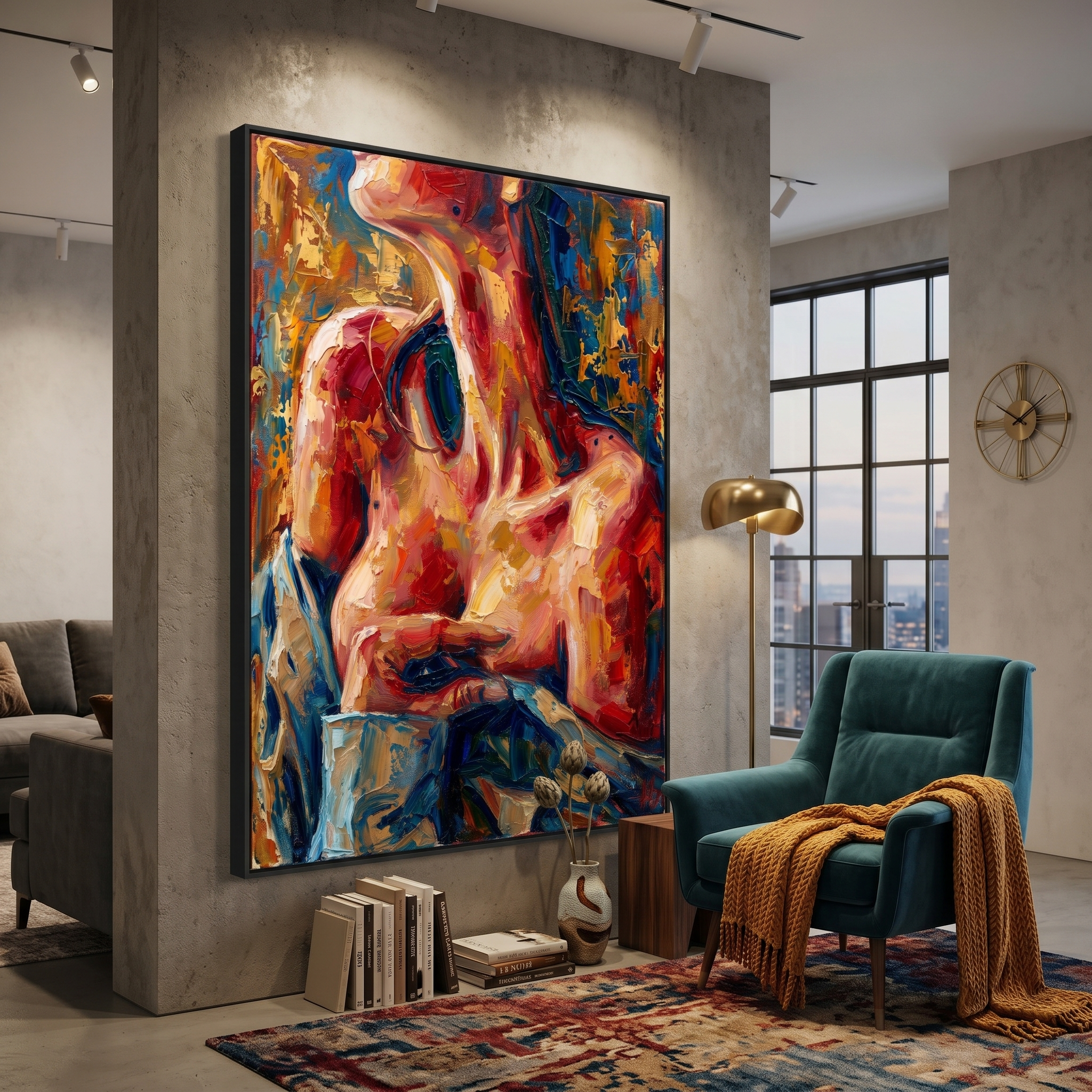 Abstract wall art — expressive figure painting in crimson, navy and gold, bold colorful canvas painting for living room
