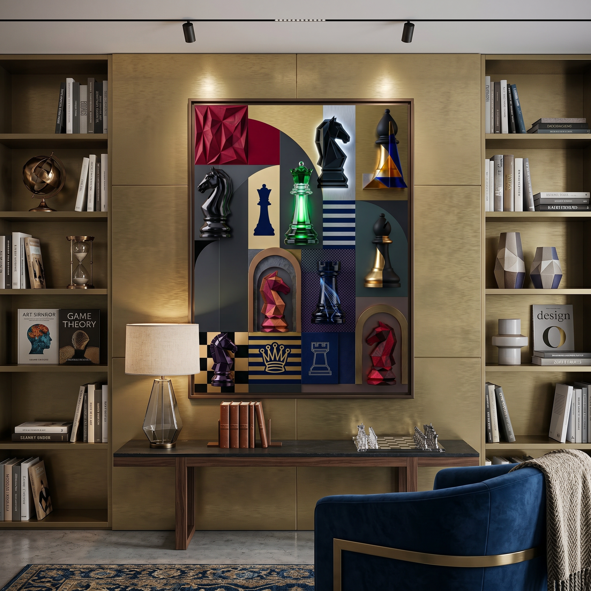 Glowing emerald queen, matte-black knights, copper low-poly horse — chess pieces rendered in deep contrast and rich material detail
