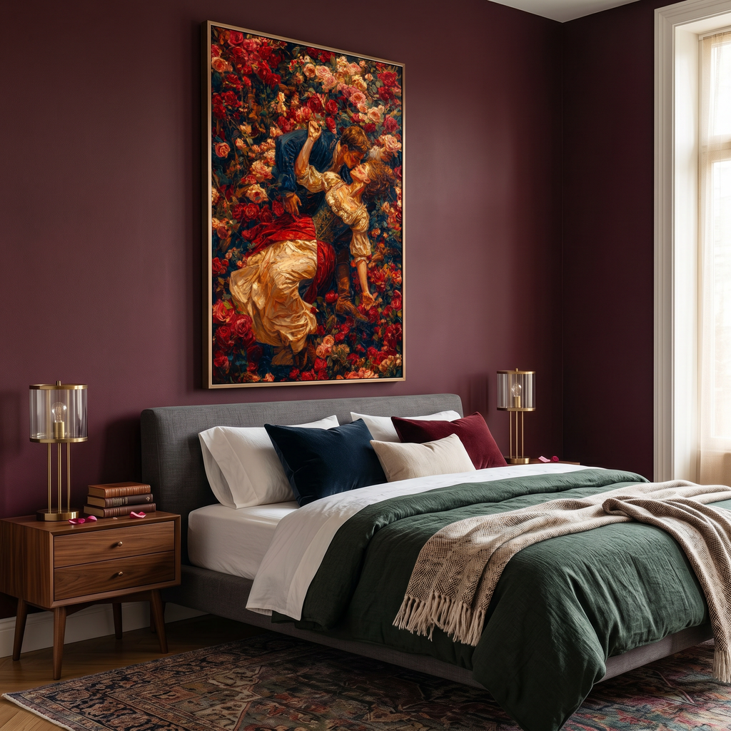 Floral art and romance combined — deep crimson roses framing two figures in love