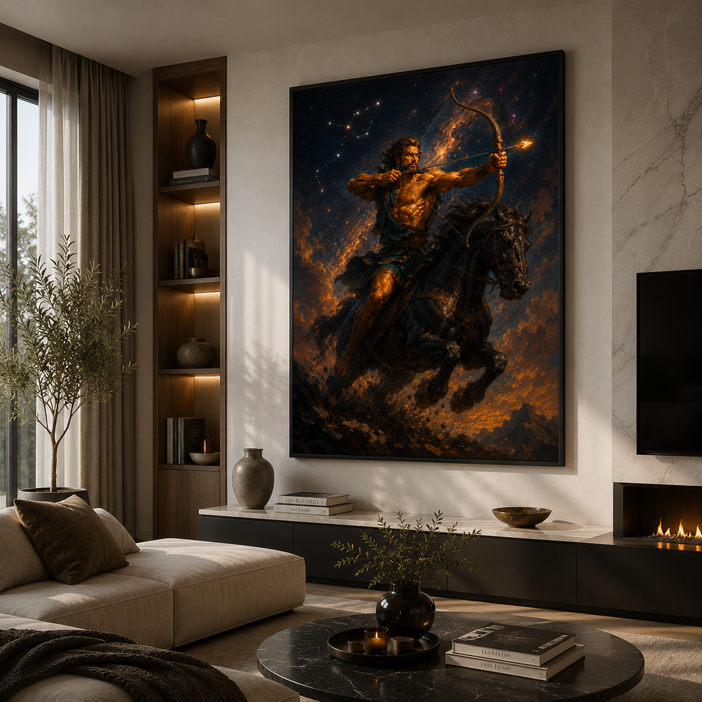 Celestial wall art glowing with warm amber light against deep midnight blue