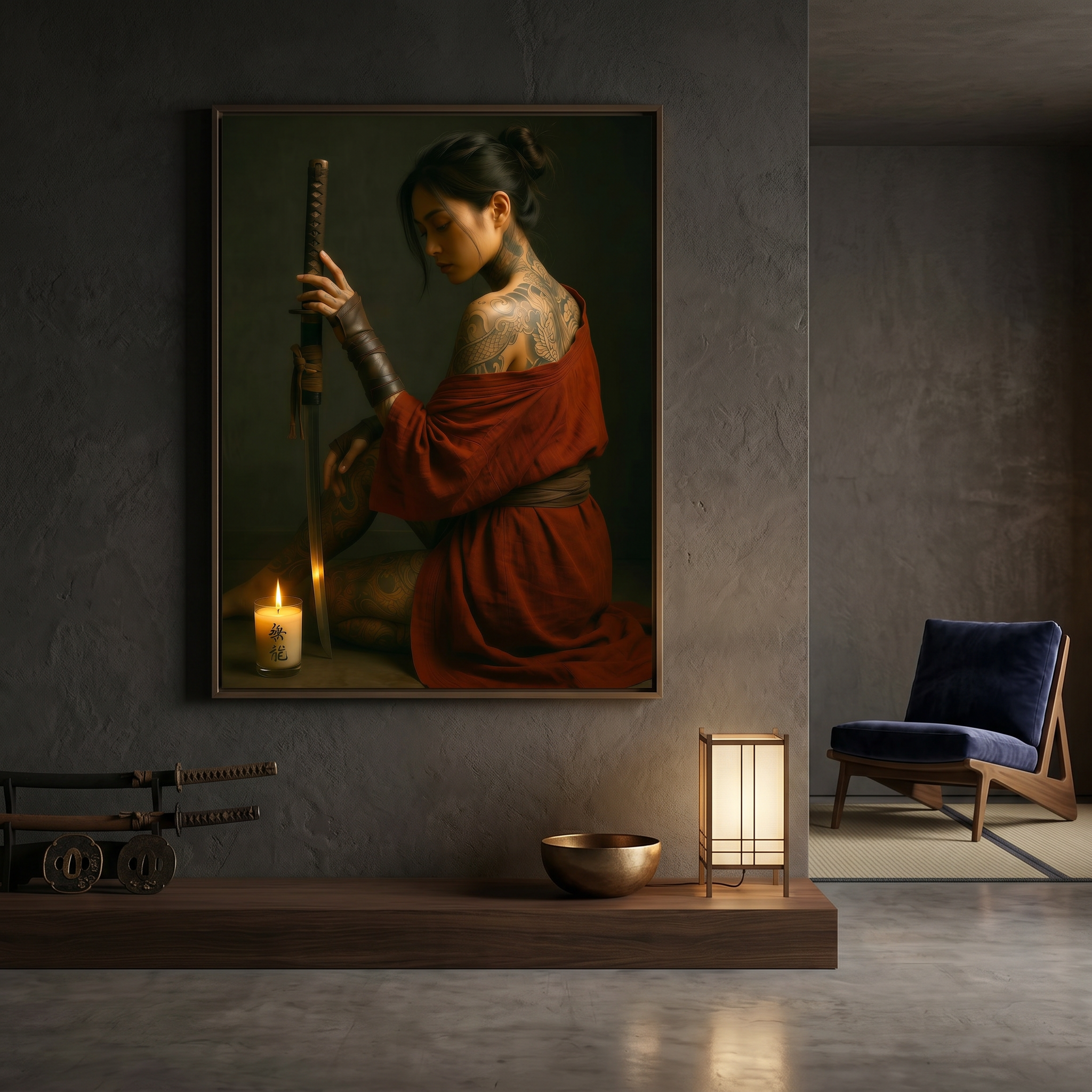 Samurai woman kneels in candlelight, blade held upright like an offering — japanese art print for dark moody interiors