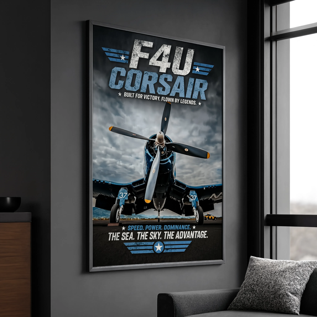 F4U Corsair poster hanging in man cave wall art display