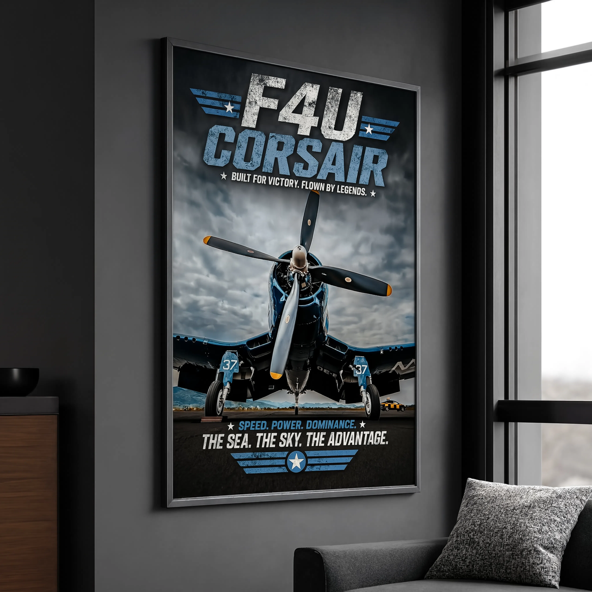 F4U Corsair poster hanging in man cave wall art display