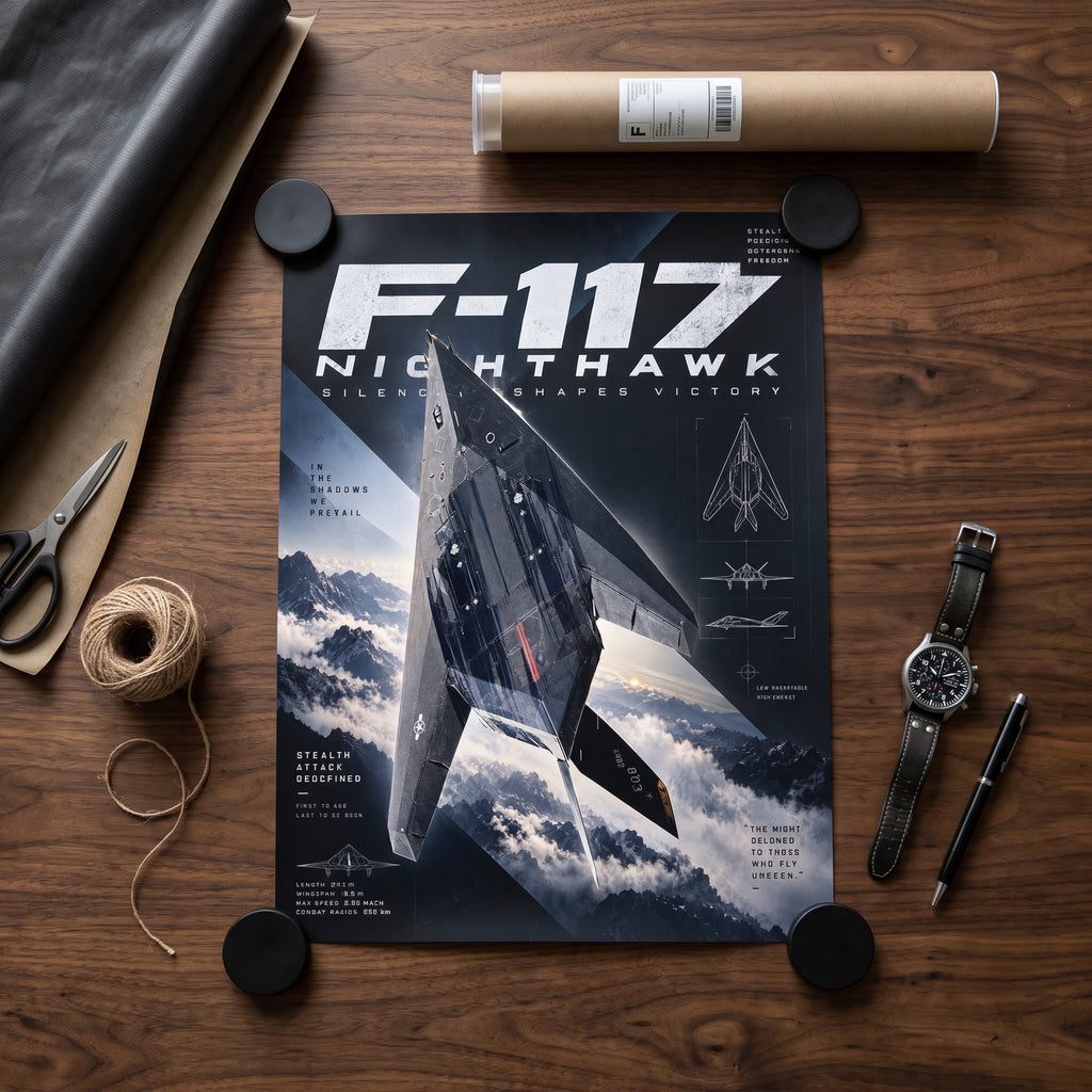 Top-down view of the F-117 Nighthawk cutting diagonally through a sky of clouds and snow-capped peaks