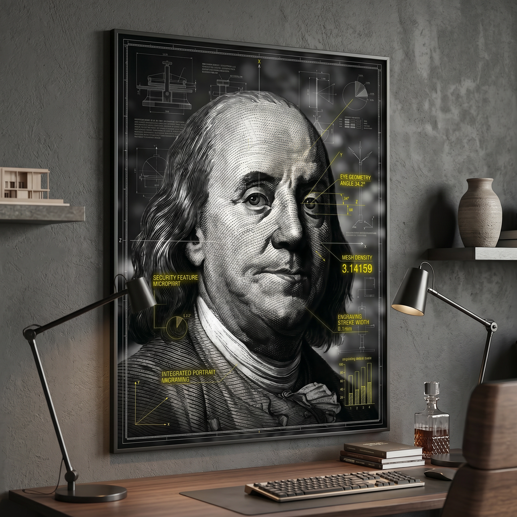 Franklin poster print in dark home office – blueprint art decor, charcoal wall, directional lighting