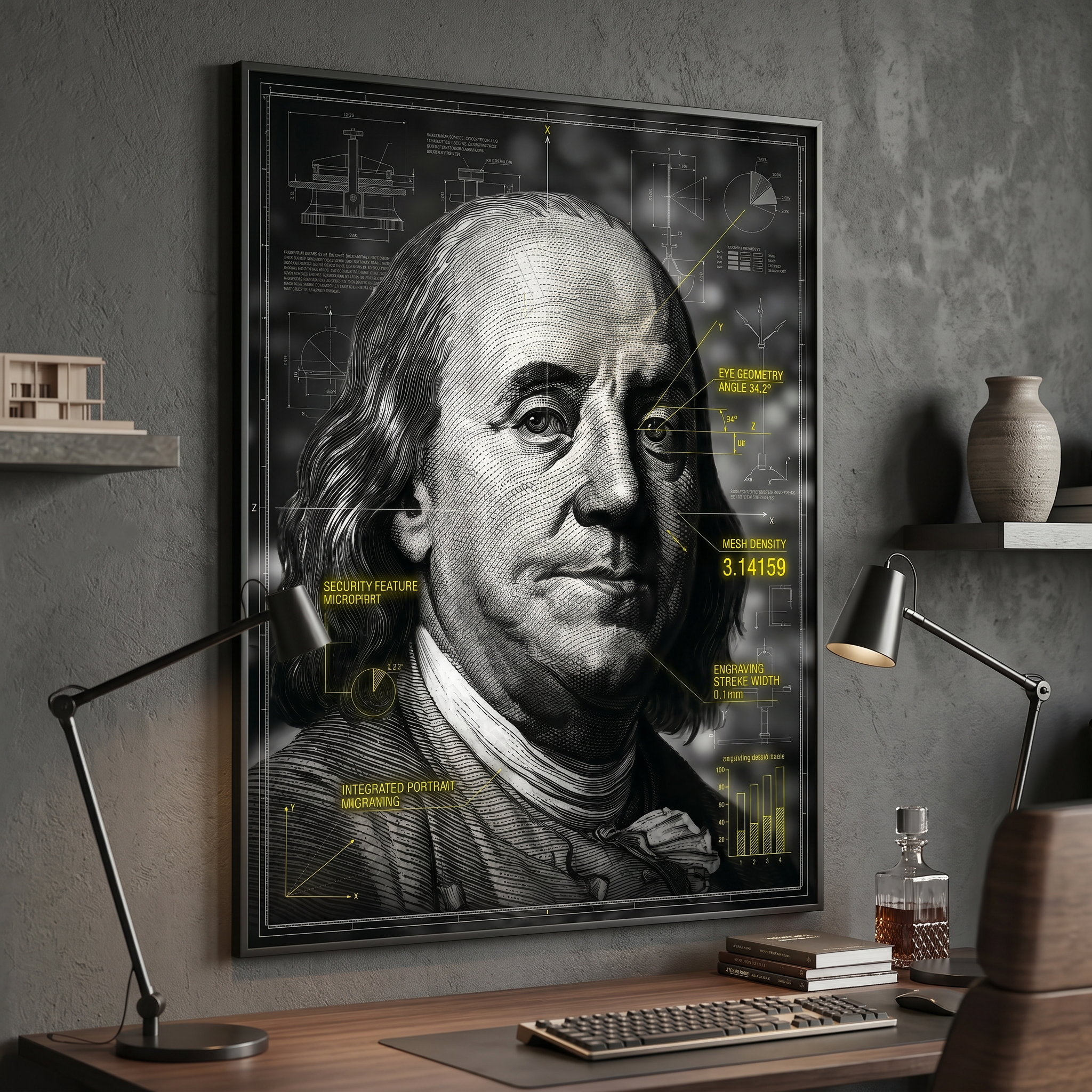 Franklin poster print in dark home office – blueprint art decor, charcoal wall, directional lighting