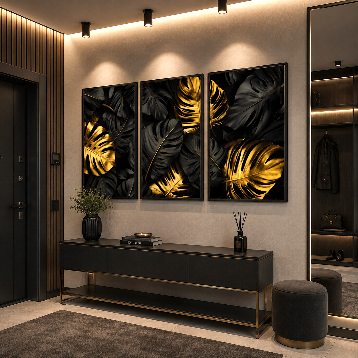Gold monstera leaf glowing against black canvas above a moody entryway console