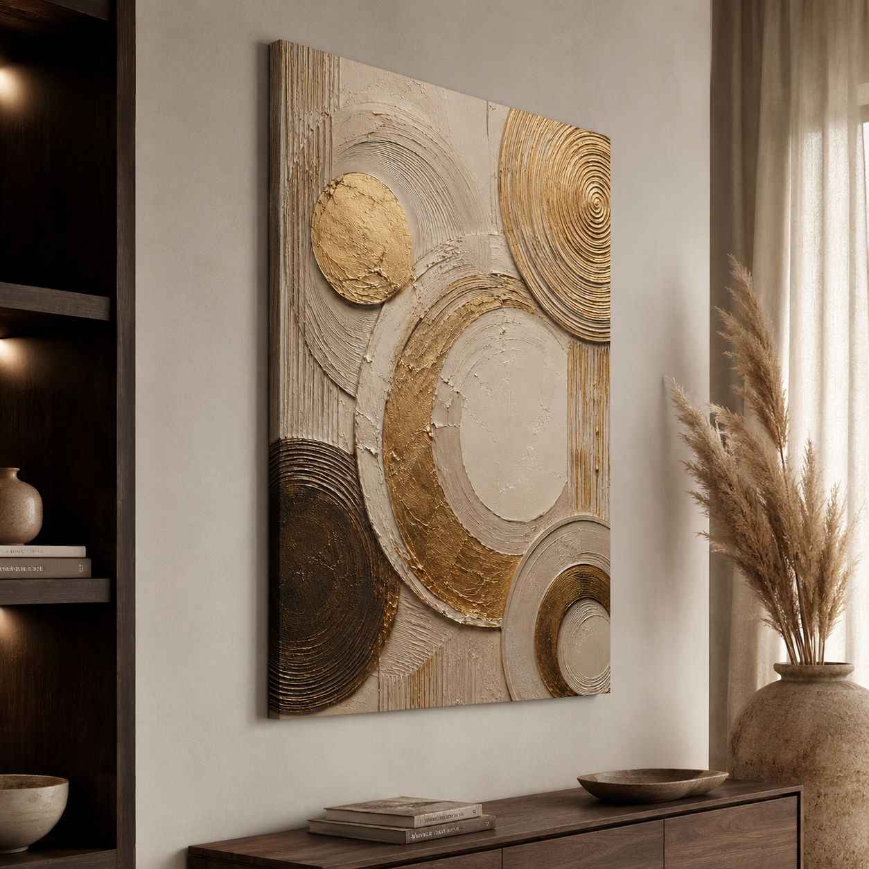 Canvas: Ivory canvas print faux gold texture wall art gallery wrap, abstract circular plaster-effect design for modern home décor