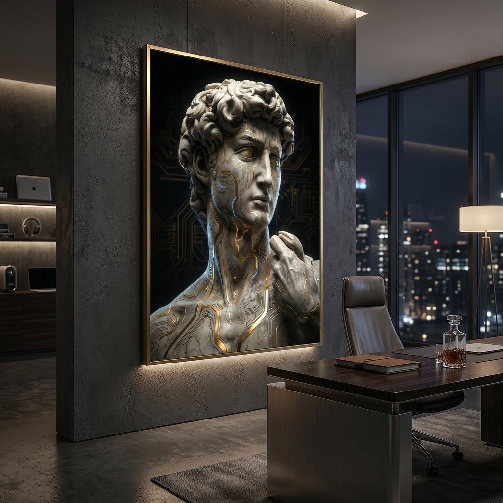 Office wall art that stops the scroll — David statue mythology meets futuristic gold circuit decor
