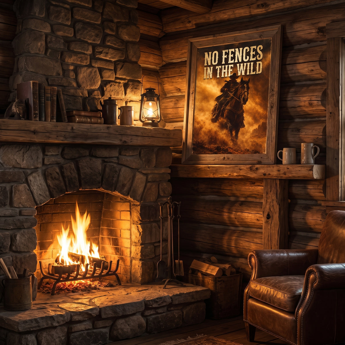 Premium matte paper poster print of a cowboy on horse, warm amber and brown tones