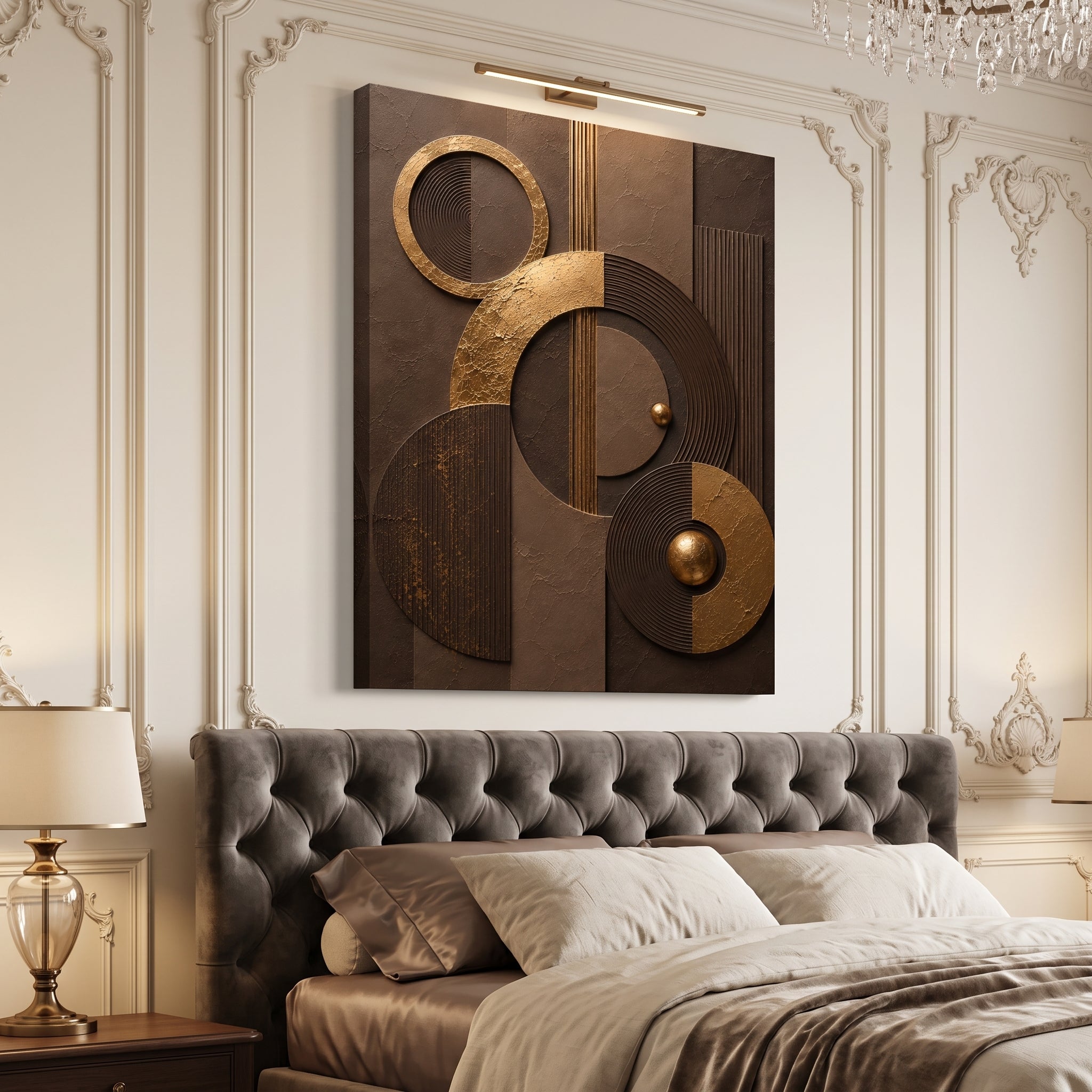 Chocolate brown canvas print faux gold texture wall art gallery wrap, moody sphere circle design for rich home décor.