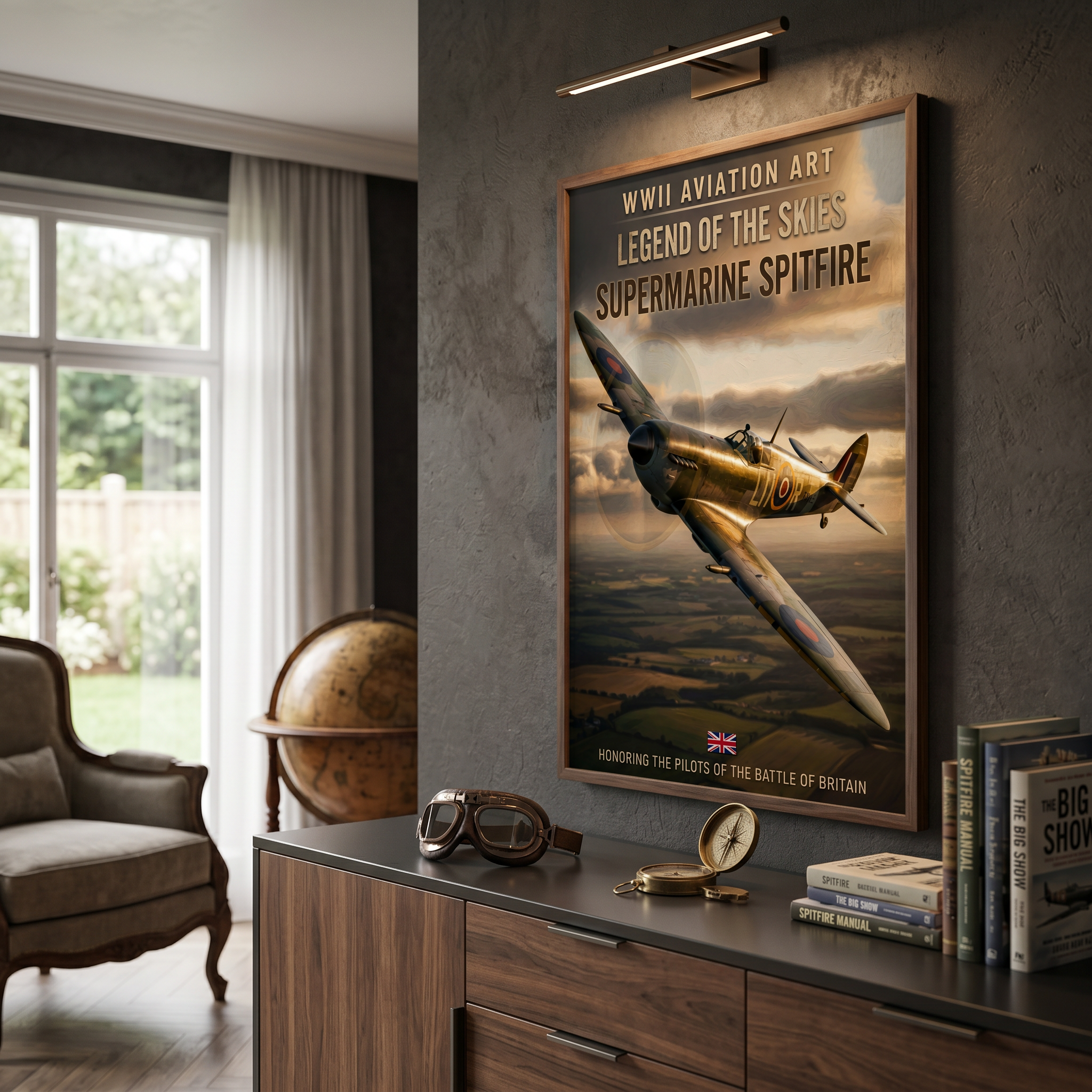 Spitfire cutting through storm clouds — Battle of Britain art print, dad gift, military poster