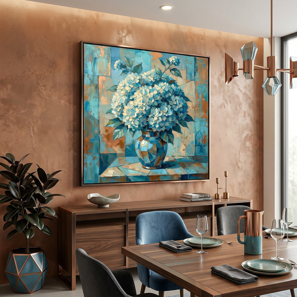 Hydrangea art print framed in dining room — vintage floral wall decor, cottagecore style, ready to hang