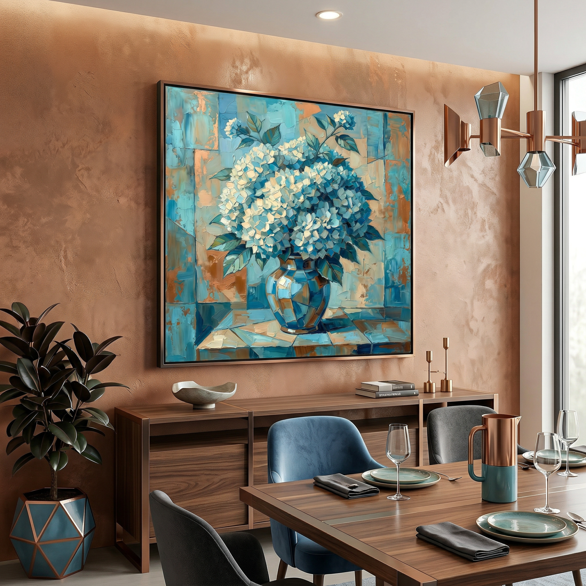 Hydrangea art print framed in dining room — vintage floral wall decor, cottagecore style, ready to hang