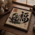 sumi-e style japanese oni wall art print — kanji fortune, archival matte poster