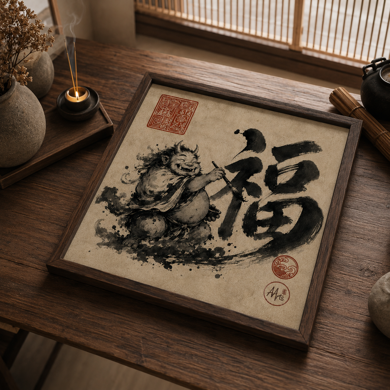 sumi-e style japanese oni wall art print — kanji fortune, archival matte poster