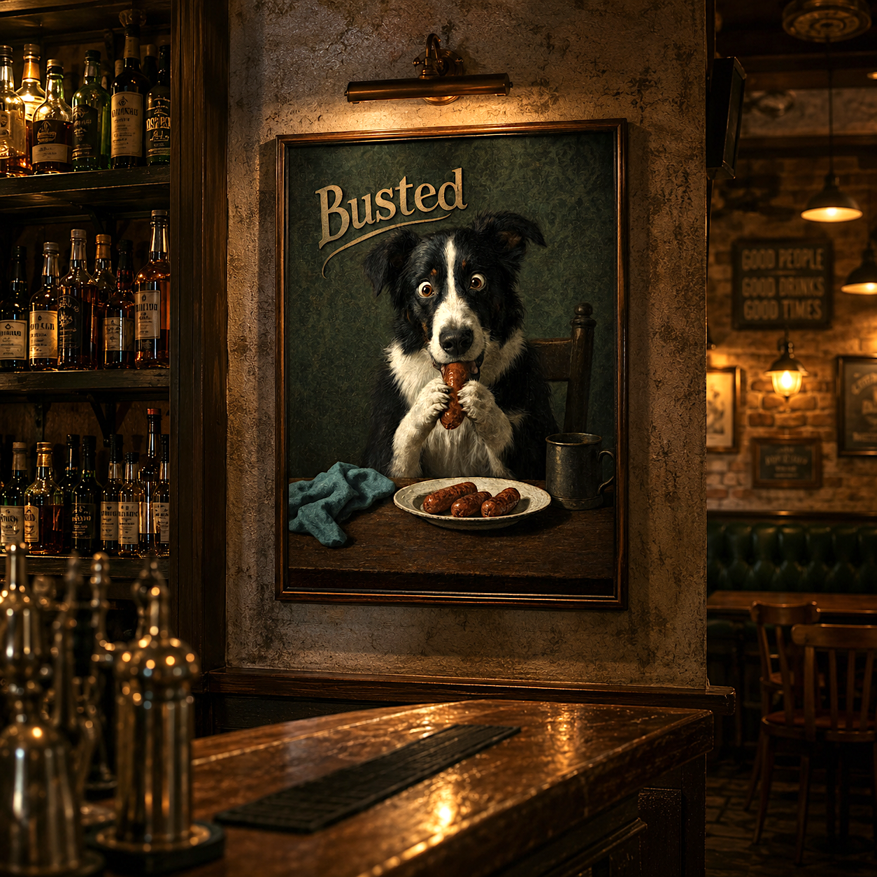 Funny dog print catching a sausage thief mid-act, dog portrait art