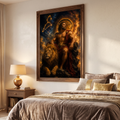 Golden lion halo blazes behind a regal Leo figure, radiating quiet, commanding power