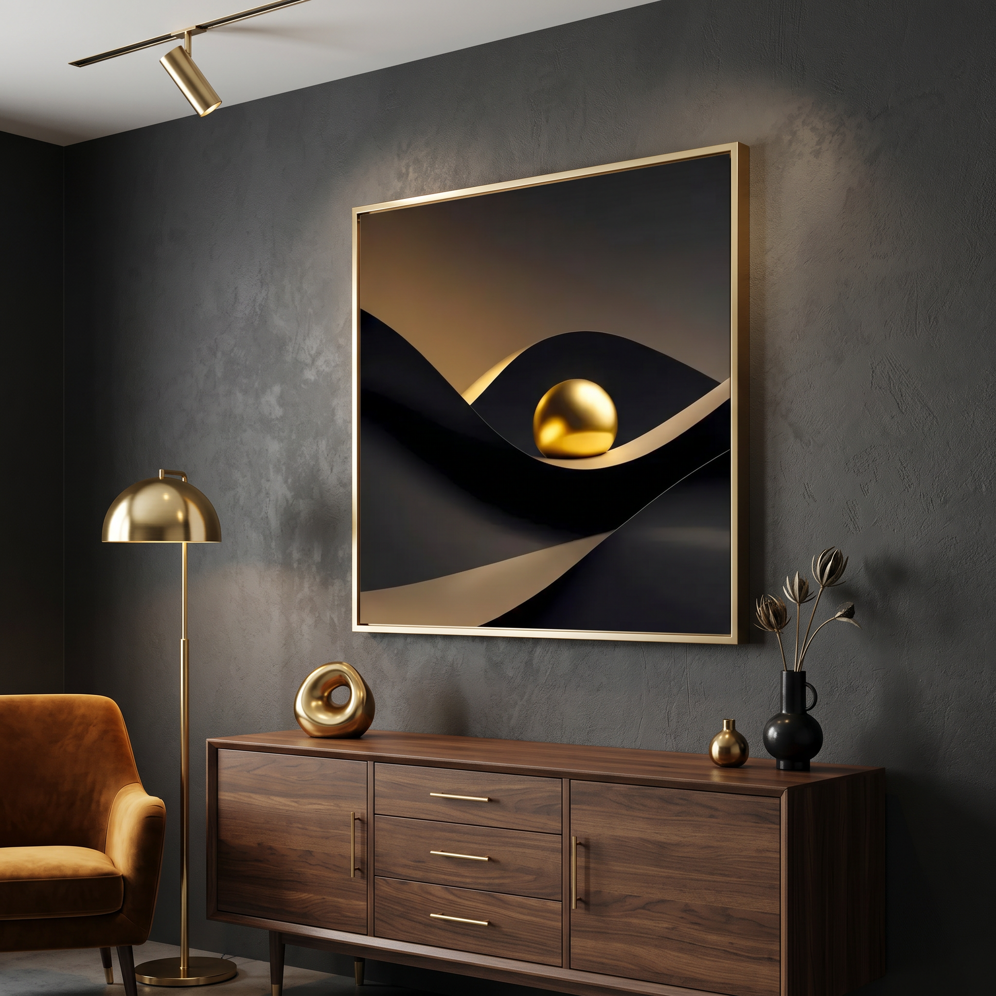 Luxury abstract wall art featuring a shiny gold ball on black ribbon waves
