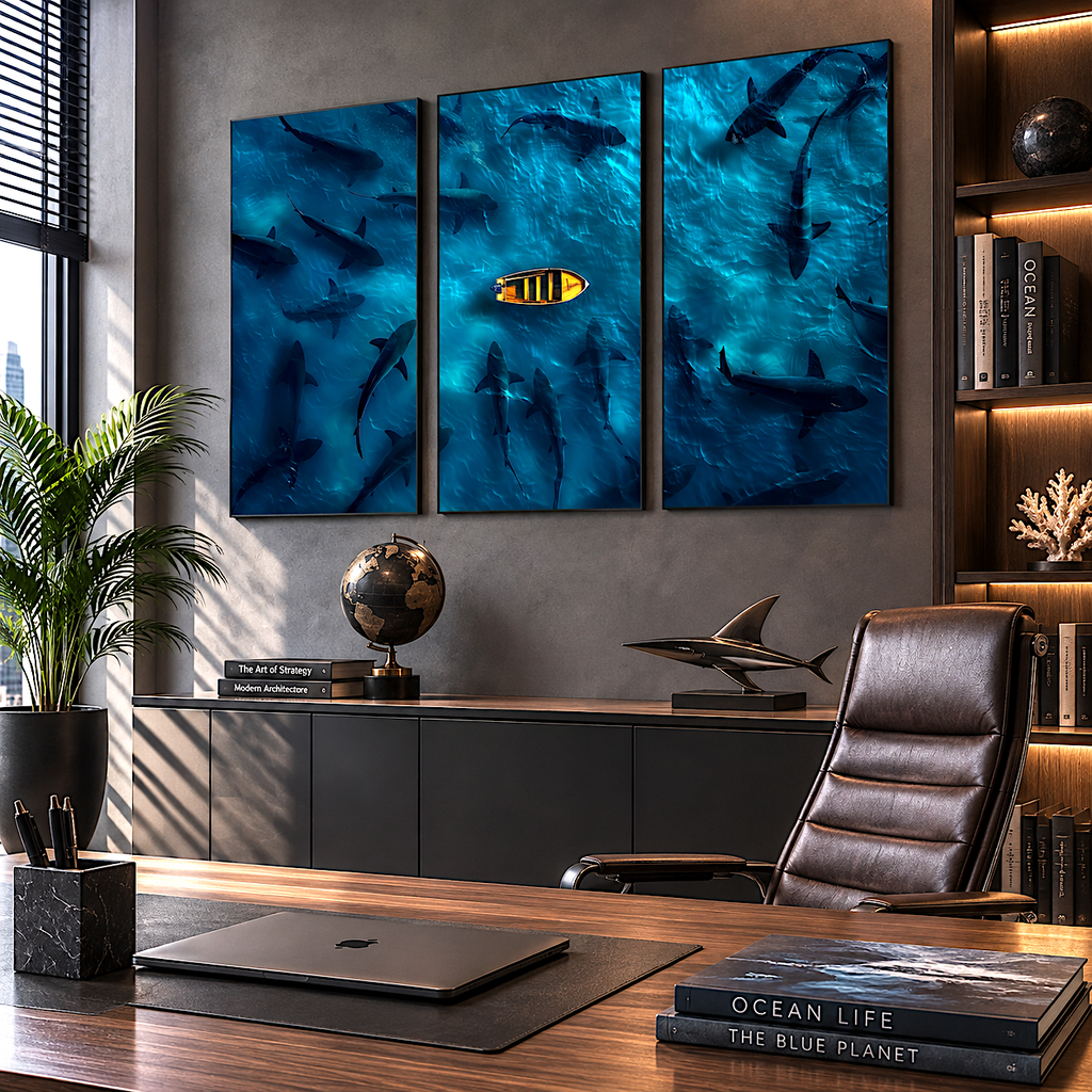 Canvas light: canvas print ocean triptych art wall decor — modern moody living room, 3 panel set