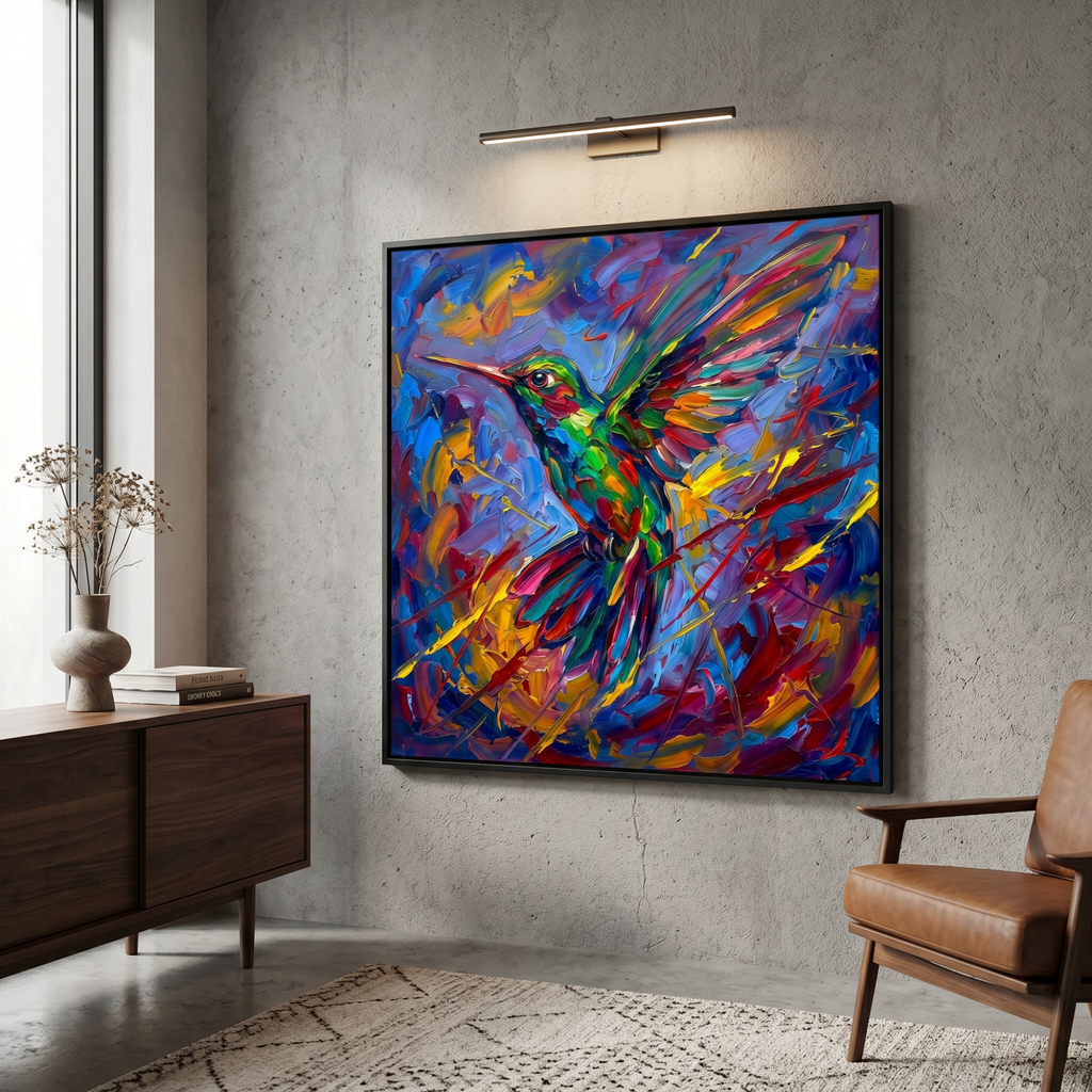 Colorful bird print for home office — hummingbird wall art, nature print, premium matte poster