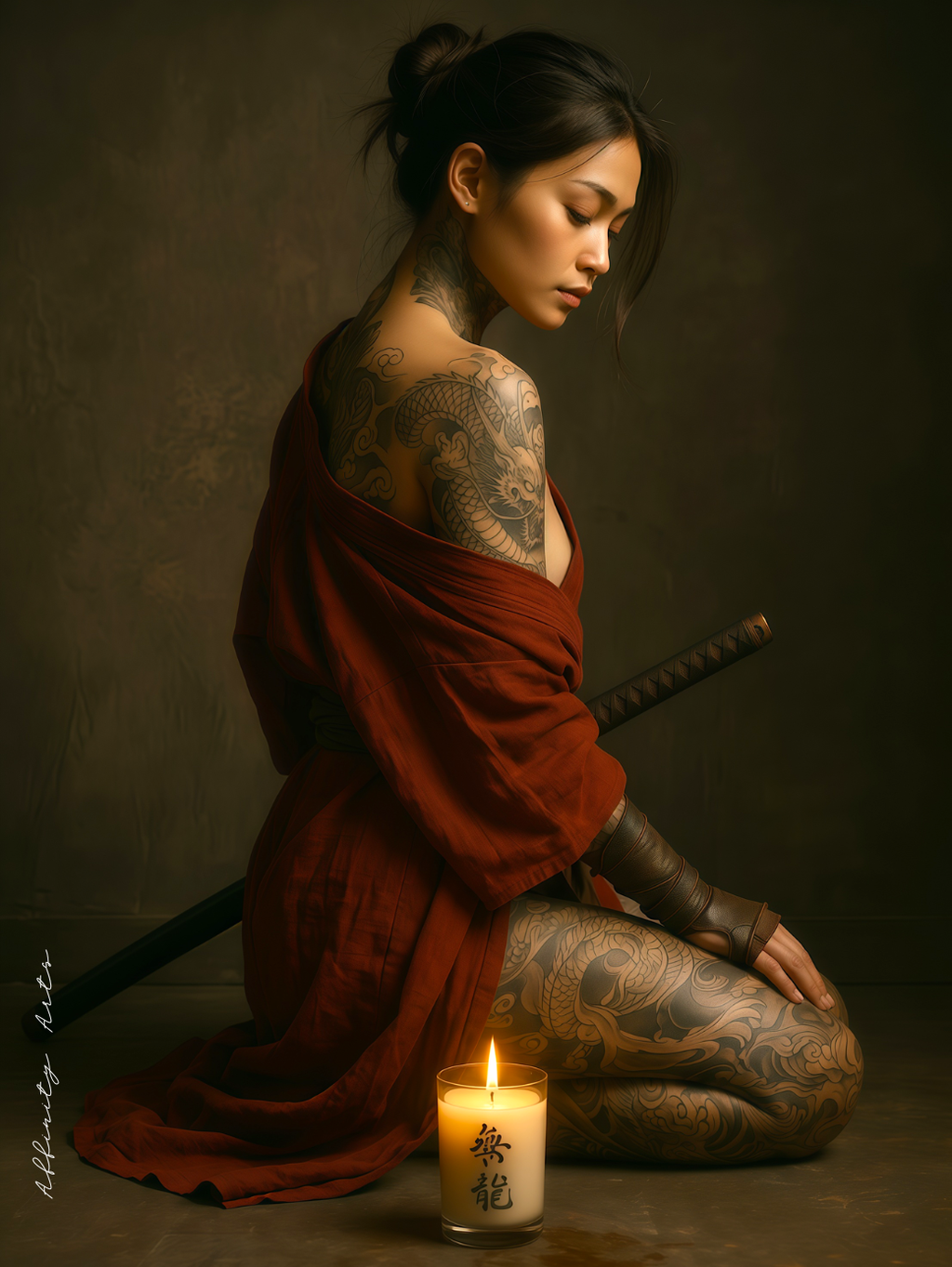 A warrior woman kneels in candlelight — red kimono, dragon tattoo, katana — japanese art print for moody dark interiors