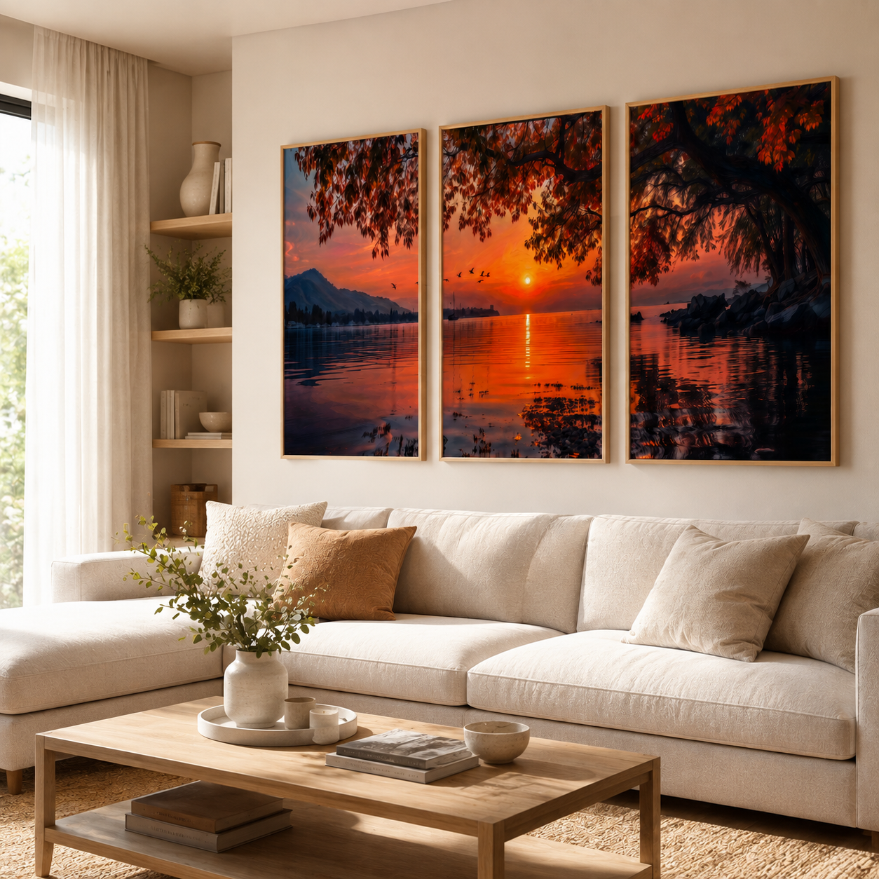 Sunset lake triptych canvas wall art, autumn mountain landscape print, 3 piece set for living room