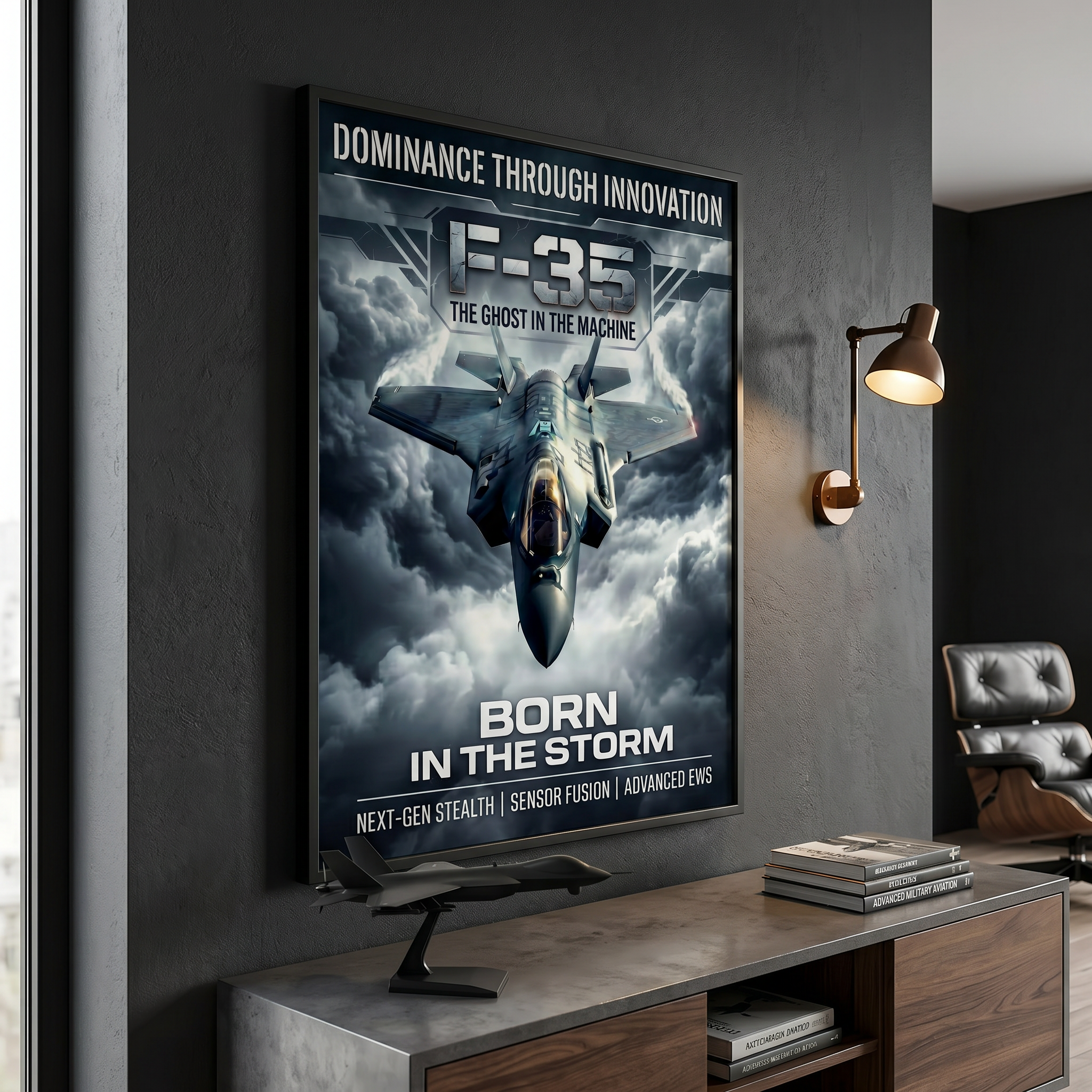 Fighter jet wall art above desk — home office military print, aviation decor