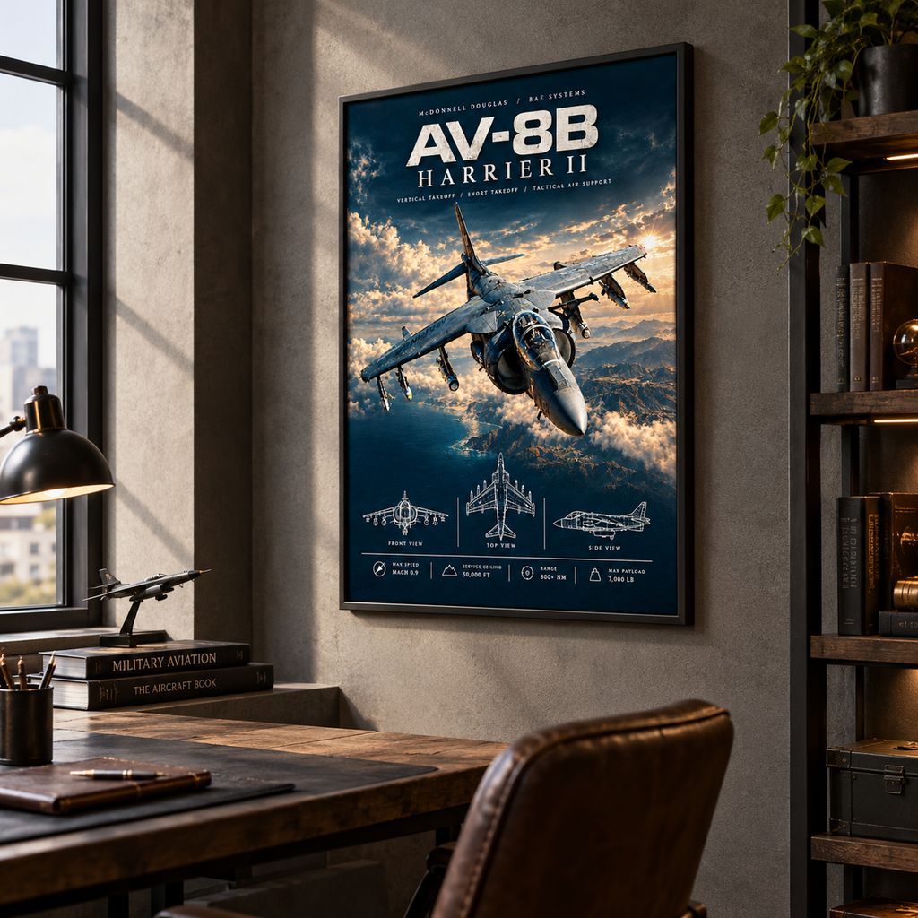 Harrier jet print on premium matte poster paper, a cinematic military jet scene with a dramatic sunlit sky
