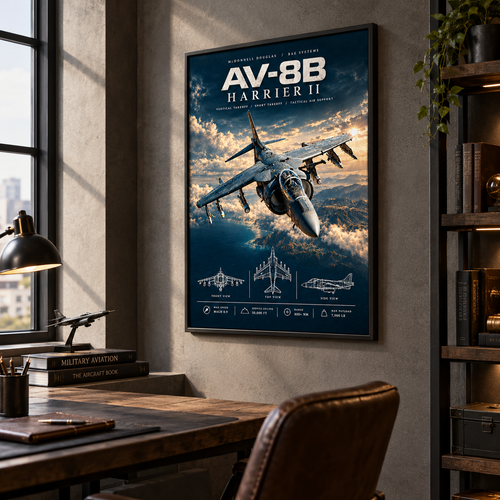 Harrier jet print on premium matte poster paper, a cinematic military jet scene with a dramatic sunlit sky