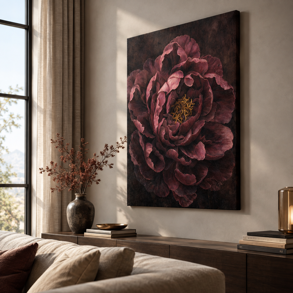 Burgundy peony stretched canvas print displayed on a wall in a romantic bedroom setting