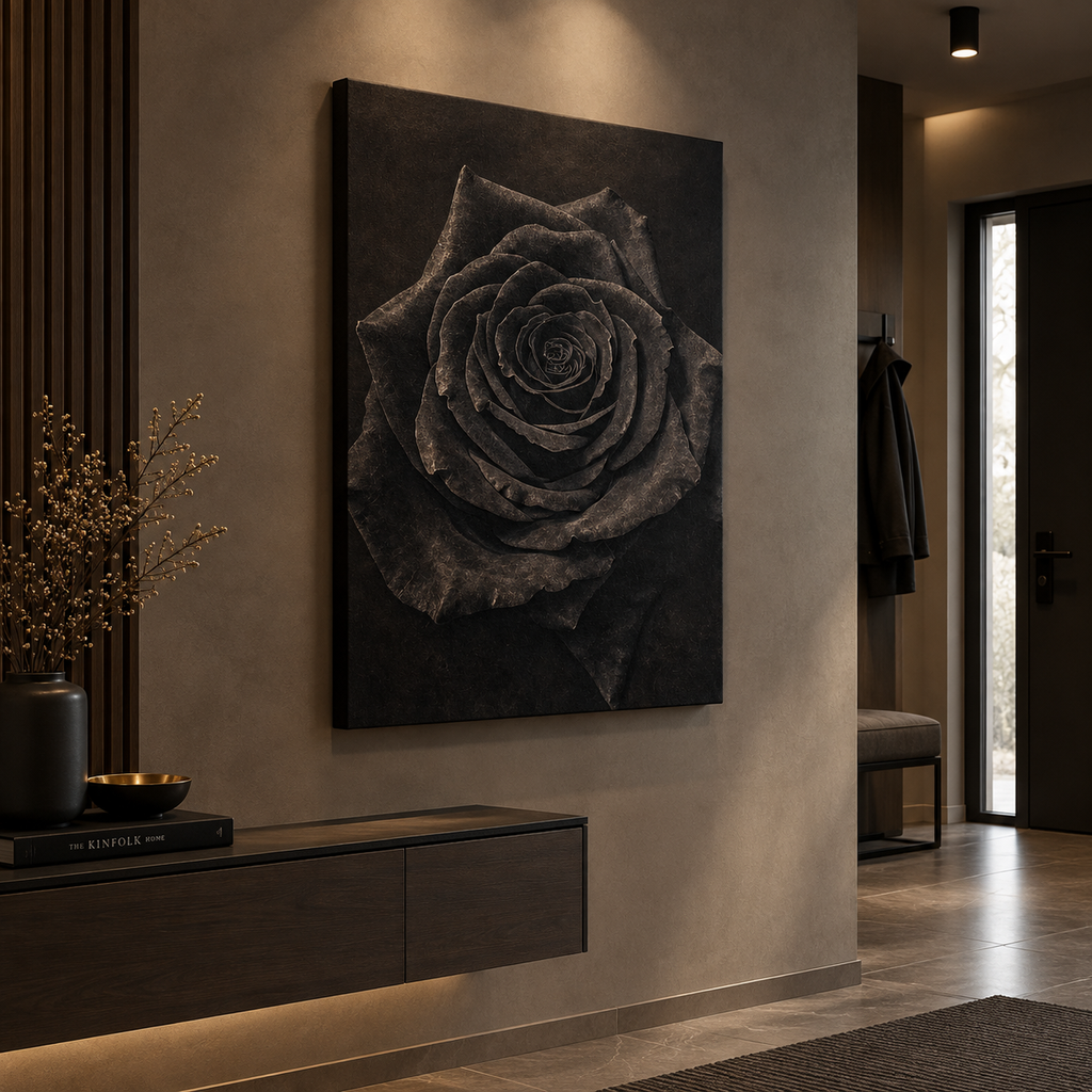 Rose print hung beside a sofa to show the scale of the artwork on the wall