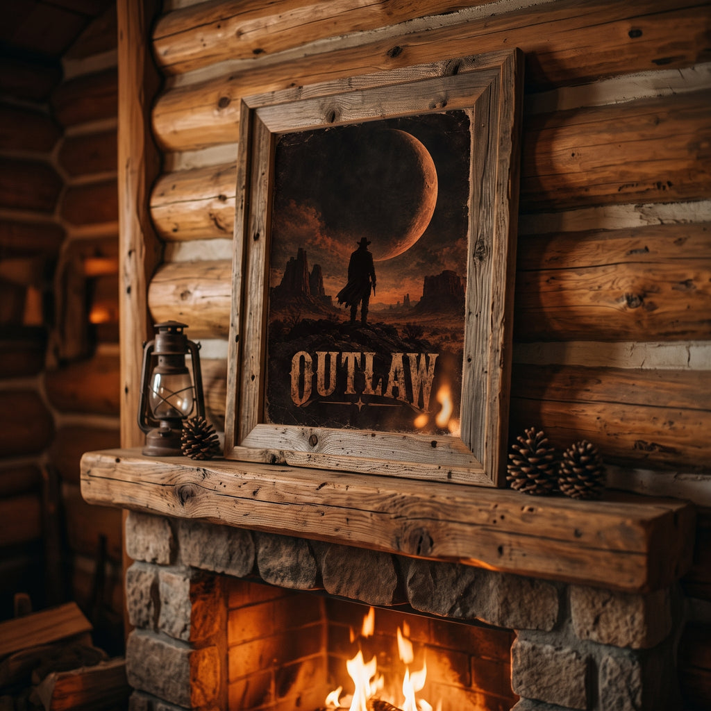 Cowboy poster hanging in a man cave with warm lighting and rustic wood decor
