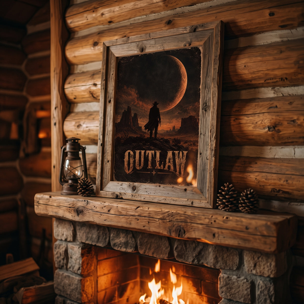 Cowboy poster hanging in a man cave with warm lighting and rustic wood decor