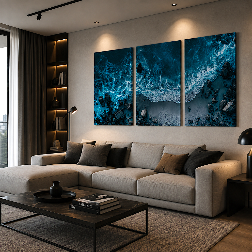 Coastal decor wall art above media console, calming wave art mood